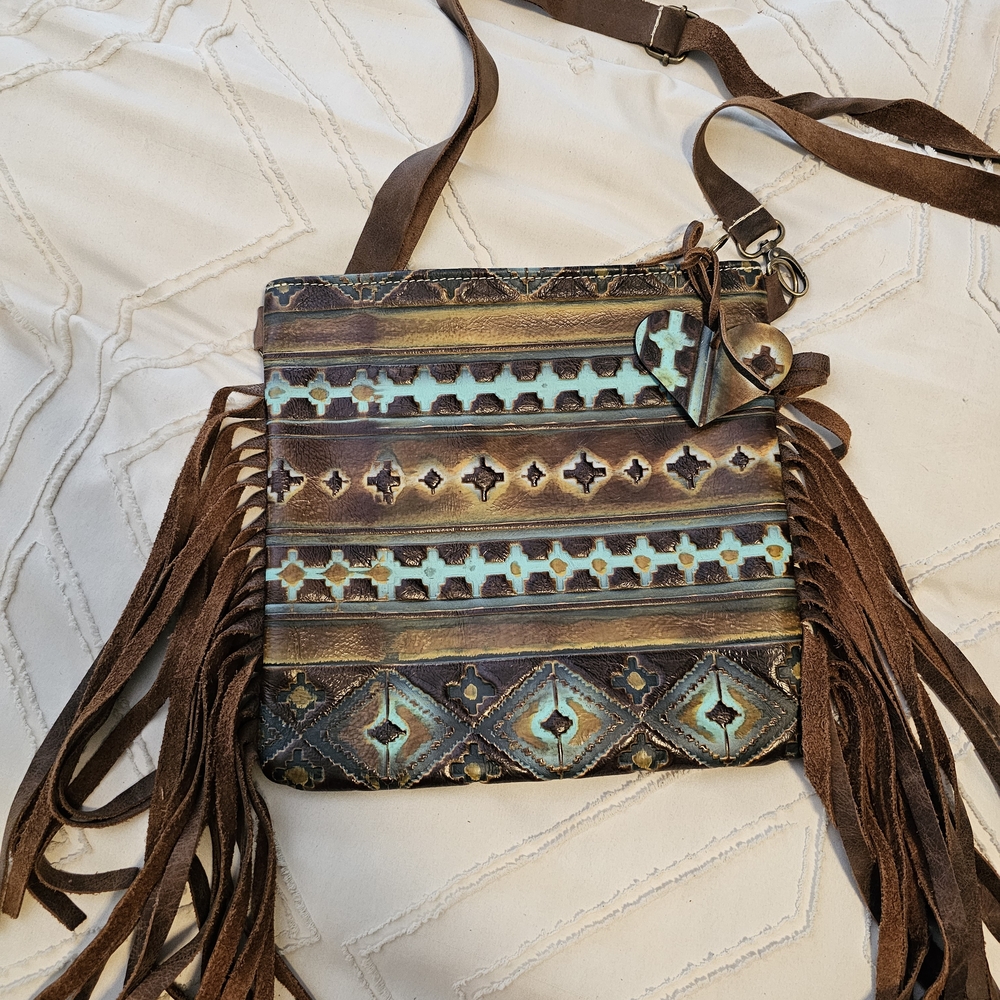 Brown and Blue Crossbody Bag with Fringe and Tribal Patterns